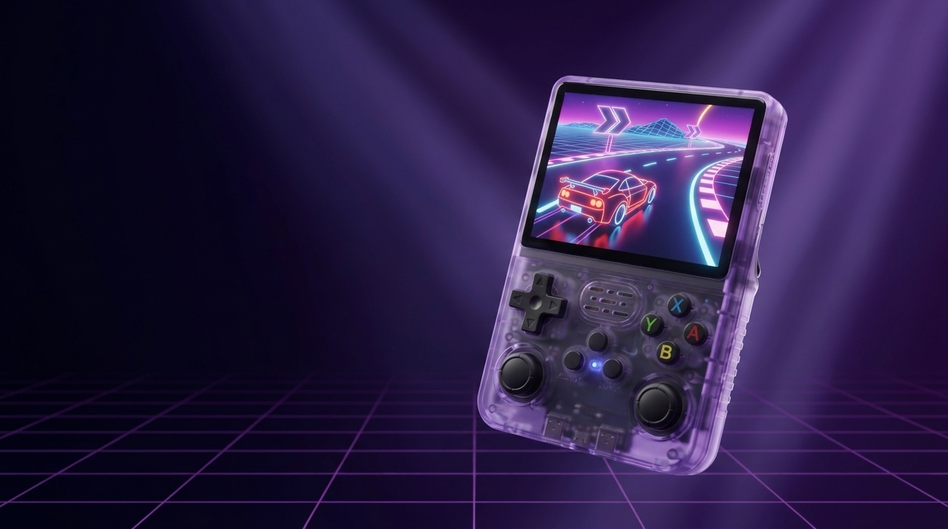 Cogistick Pocket Retro handheld console glowing on a neon synthwave background