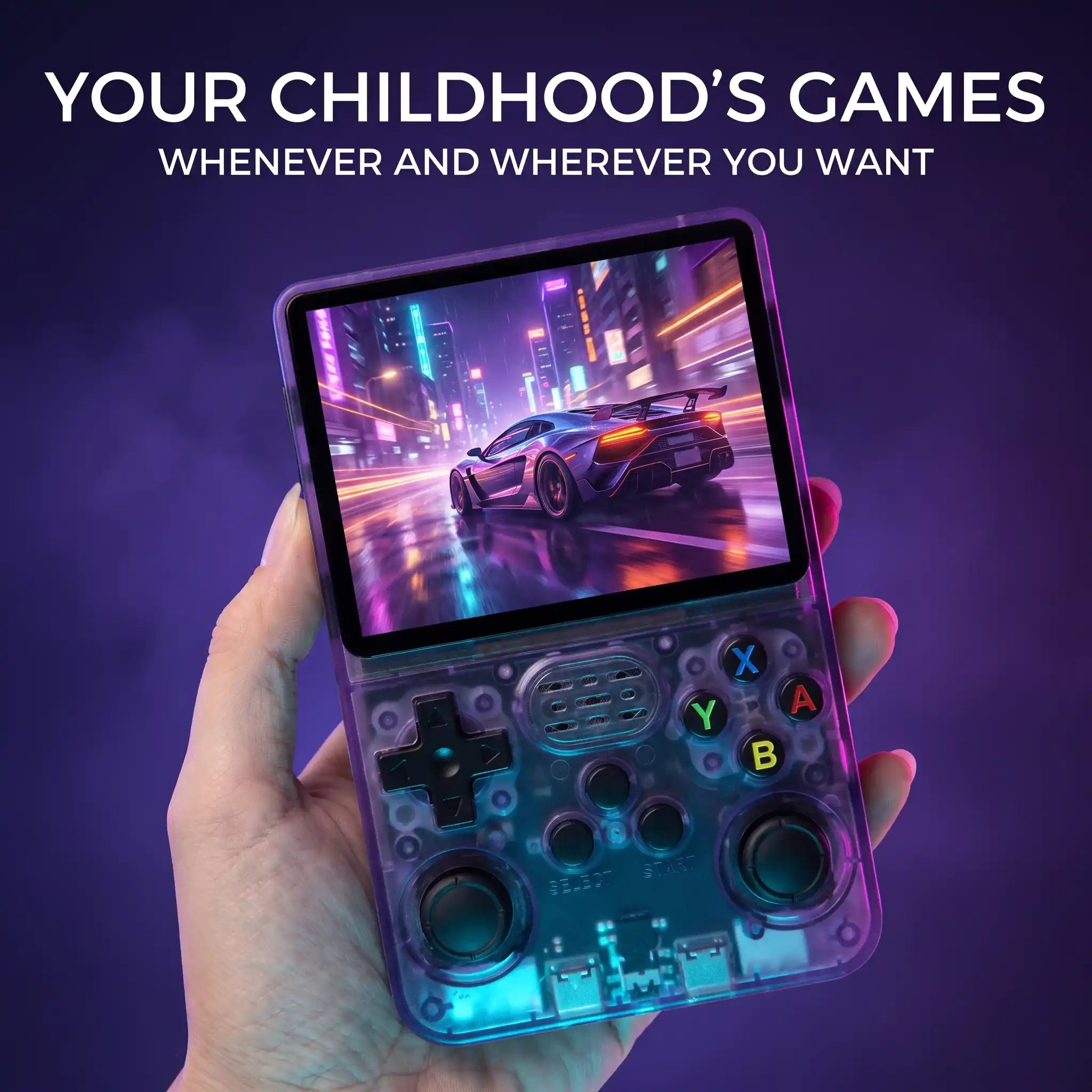 Cogistick Pocket Retro V2 handheld console in translucent purple held in one hand, playing a neon racing game - your childhood's games whenever and wherever you want