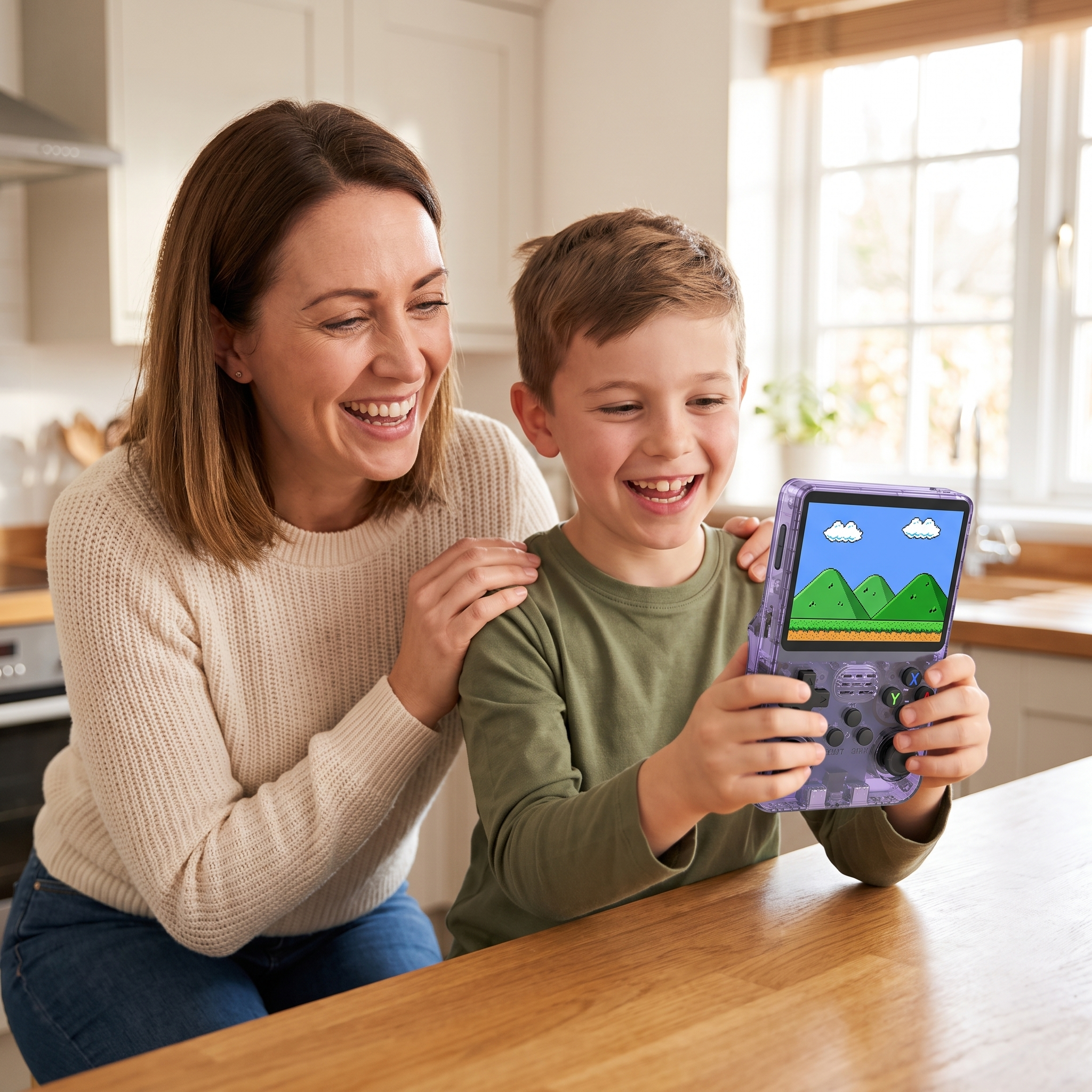 Mother and son laughing together as he holds up the translucent purple Cogistick Pocket Retro handheld console in a bright kitchen