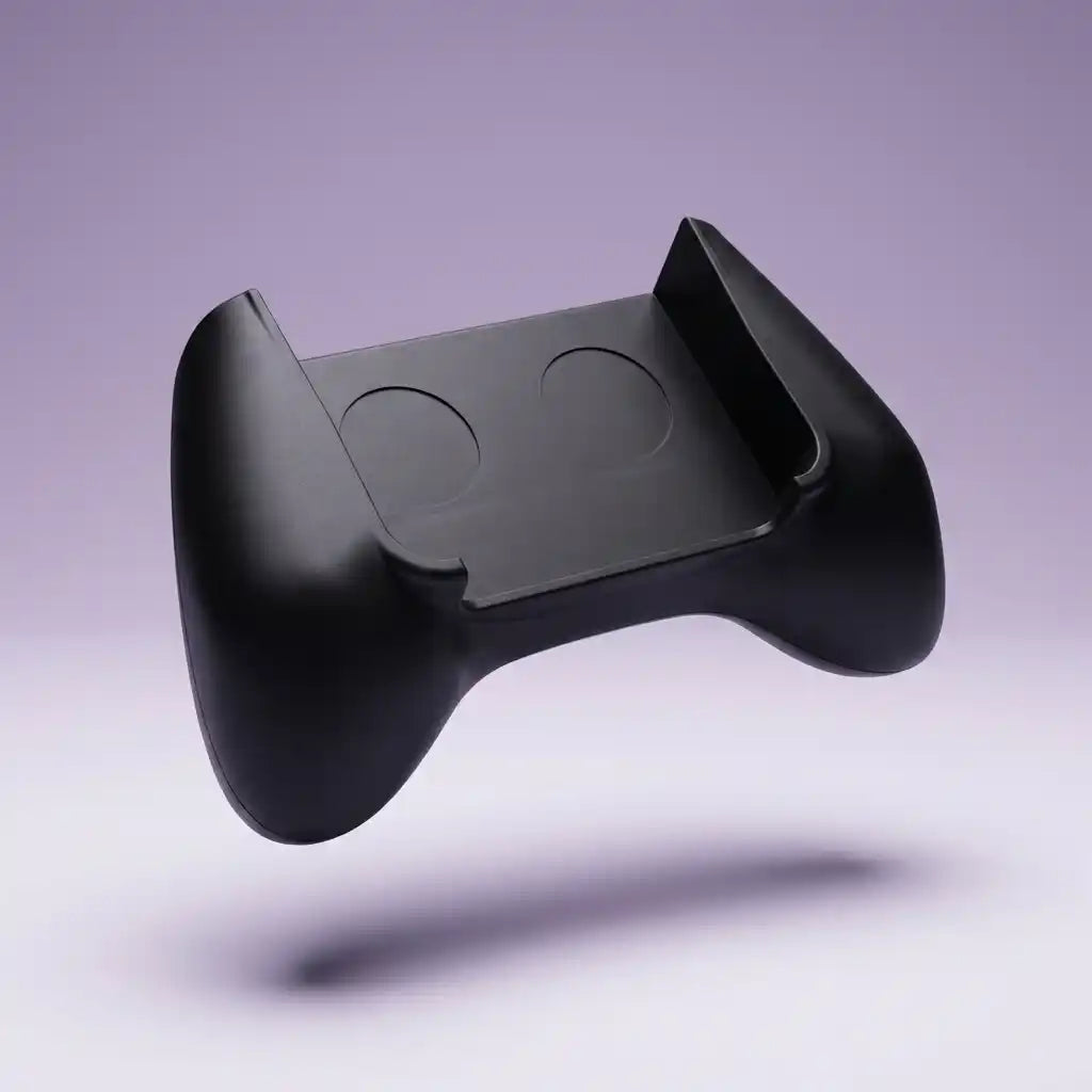 Matte black Pocket Retro grip cradle at an angle, showing the contoured wing handles and open console bay