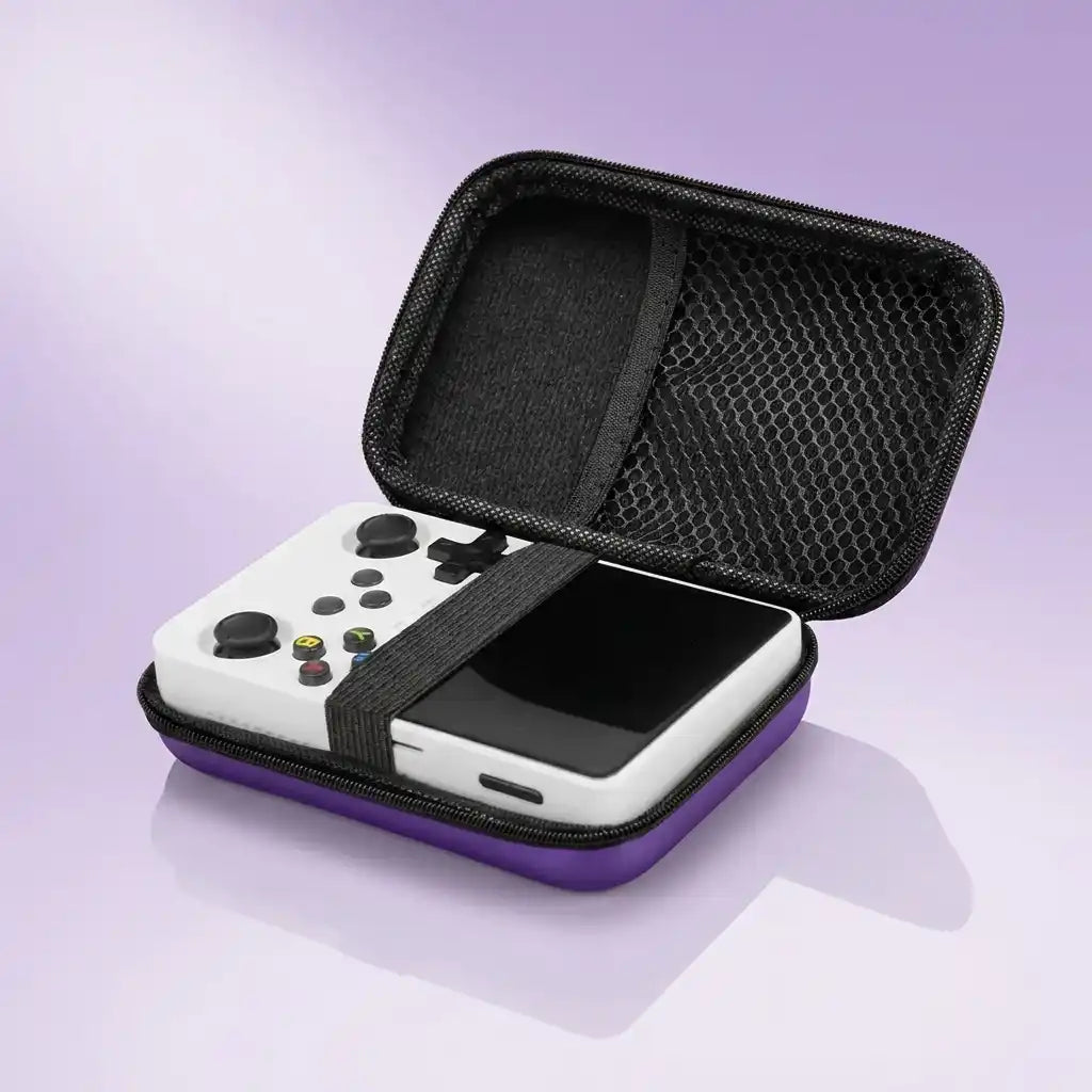 Purple Pocket Retro travel case open, showing the console held under the elastic strap and the mesh pocket in the lid