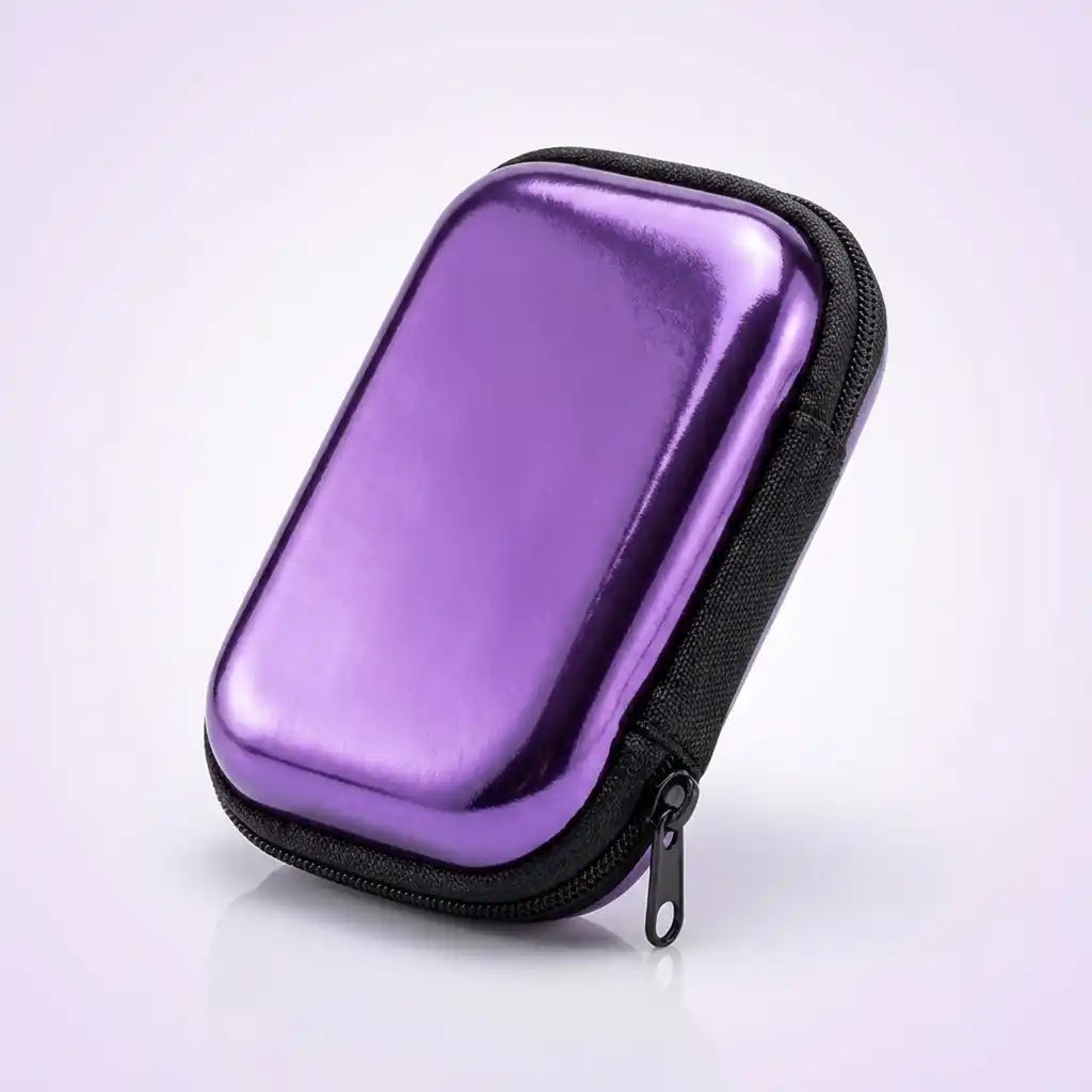 Pocket Retro travel case in metallic purple, closed, showing the zip and pull tab