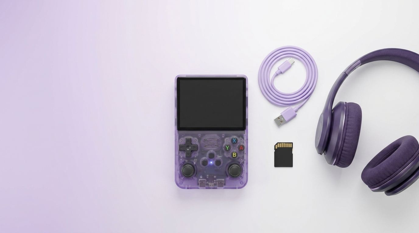 Overhead flat lay of the Cogistick Pocket Retro with USB-C cable, memory card and headphones