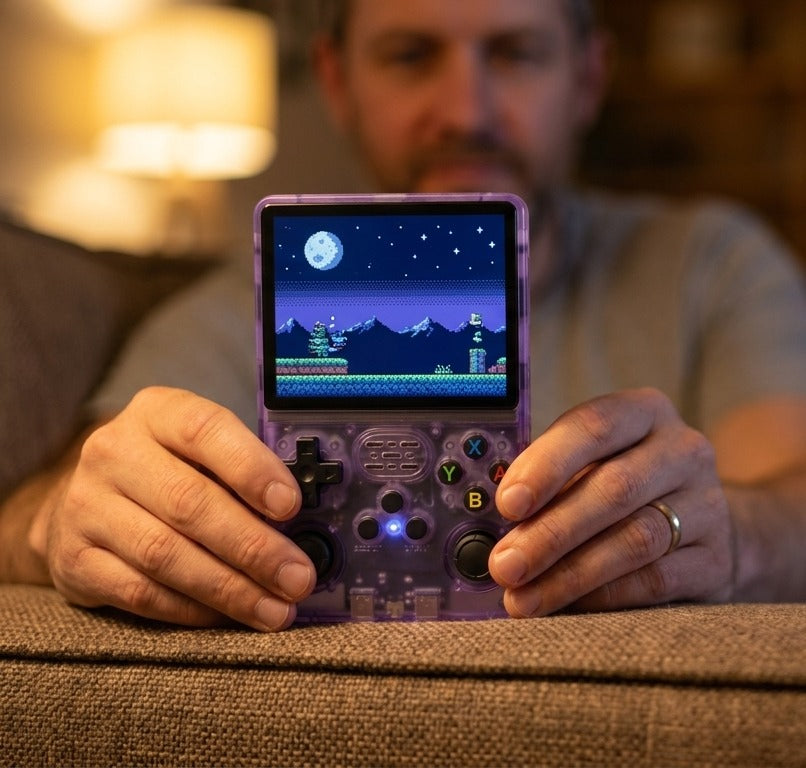 Hands holding the Cogistick Pocket Retro on a sofa in a warmly lit living room, showing the D-pad, coloured buttons and twin analogue sticks