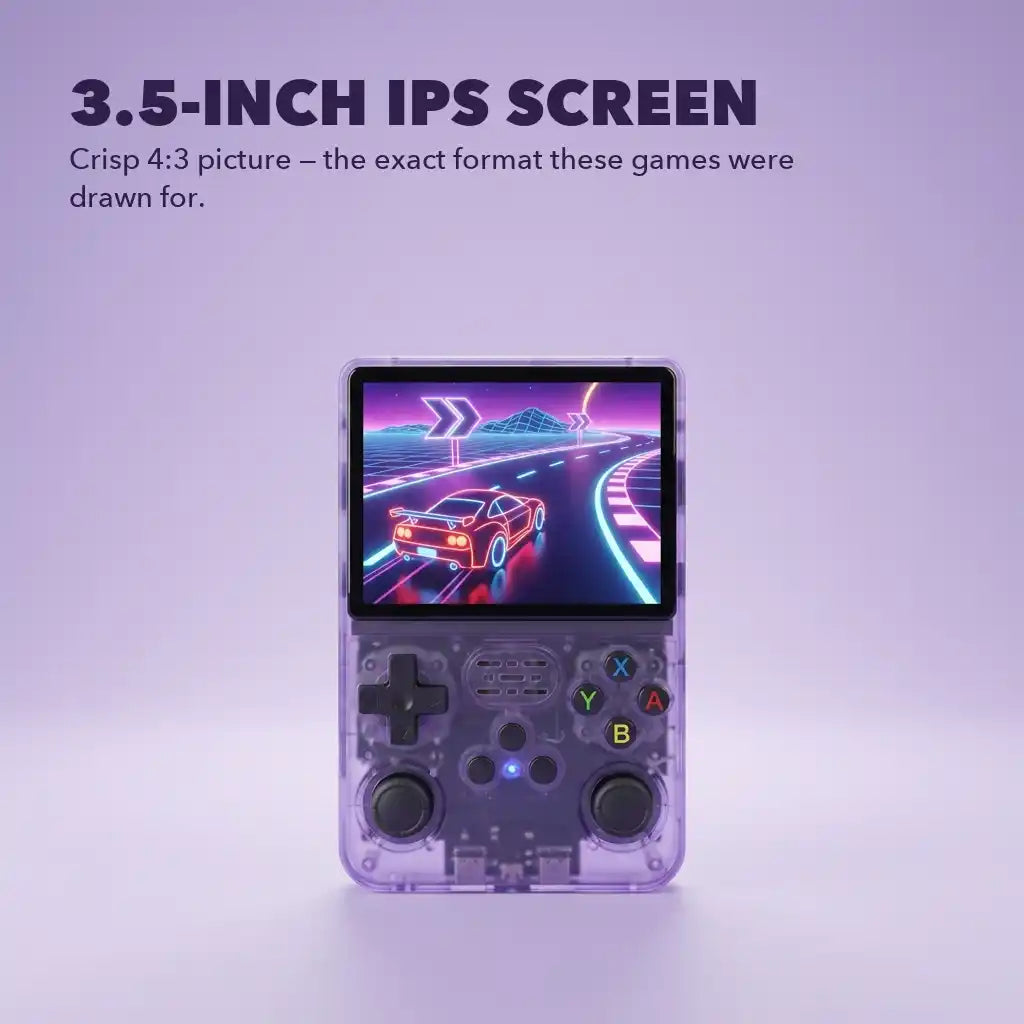 Cogistick Pocket Retro V2 in translucent purple showing its 3.5-inch 4:3 IPS screen running a retro racing game