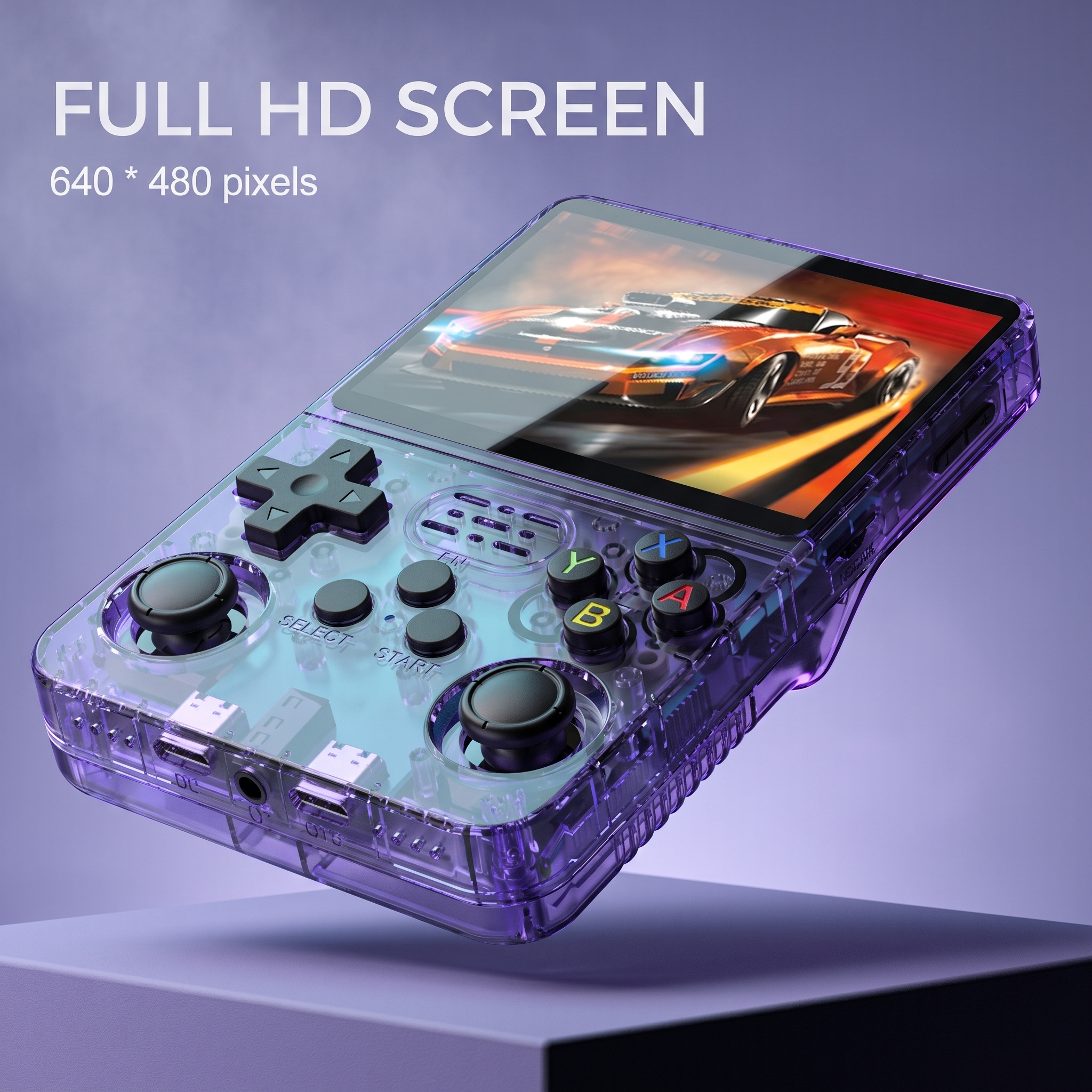 Cogistick Pocket Retro V2 translucent purple handheld console showing its 640 x 480 pixel full HD IPS screen