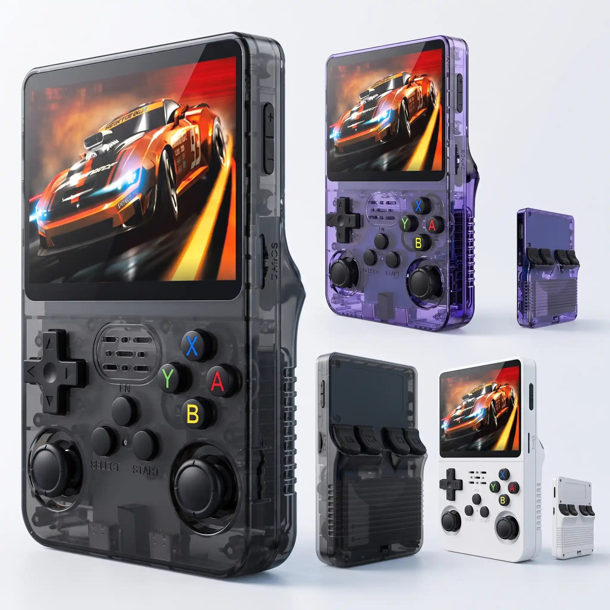 Cogistick Pocket Retro V2 handheld game console shown front and back in translucent black, translucent purple and white