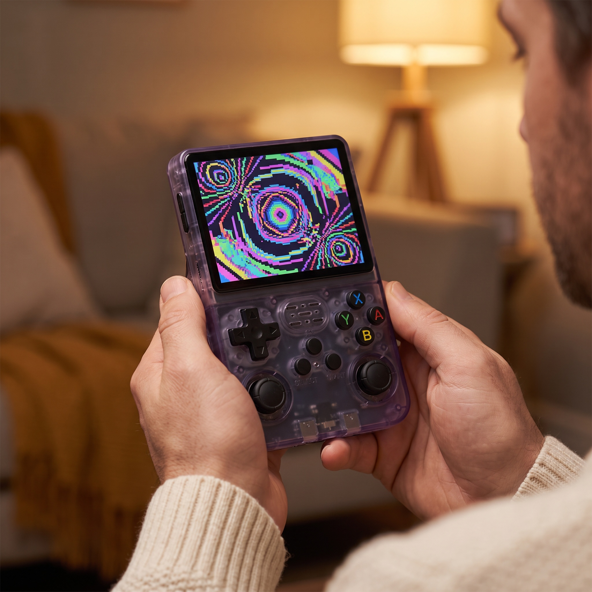 Adult hands holding the translucent purple Cogistick Pocket Retro handheld console in a warmly lit living room, pixel art on the screen
