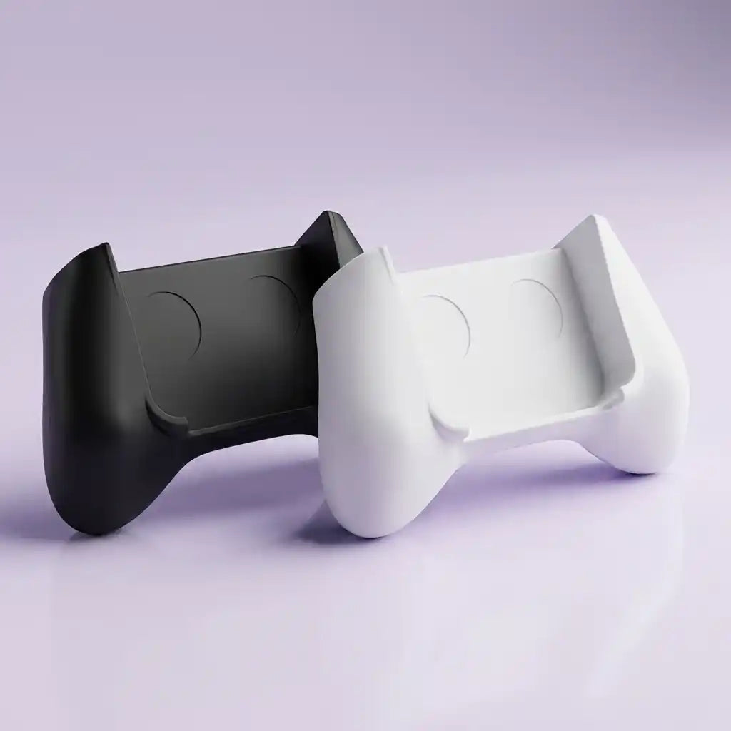 Pocket Retro comfort grip cradle in matte black and matte white, showing the flared wing handles and the open central bay