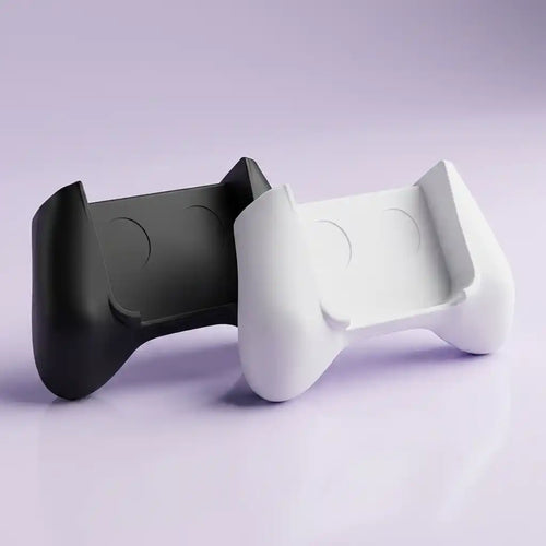 Pocket Retro comfort grip cradle in matte black and matte white, showing the flared wing handles and the open central bay