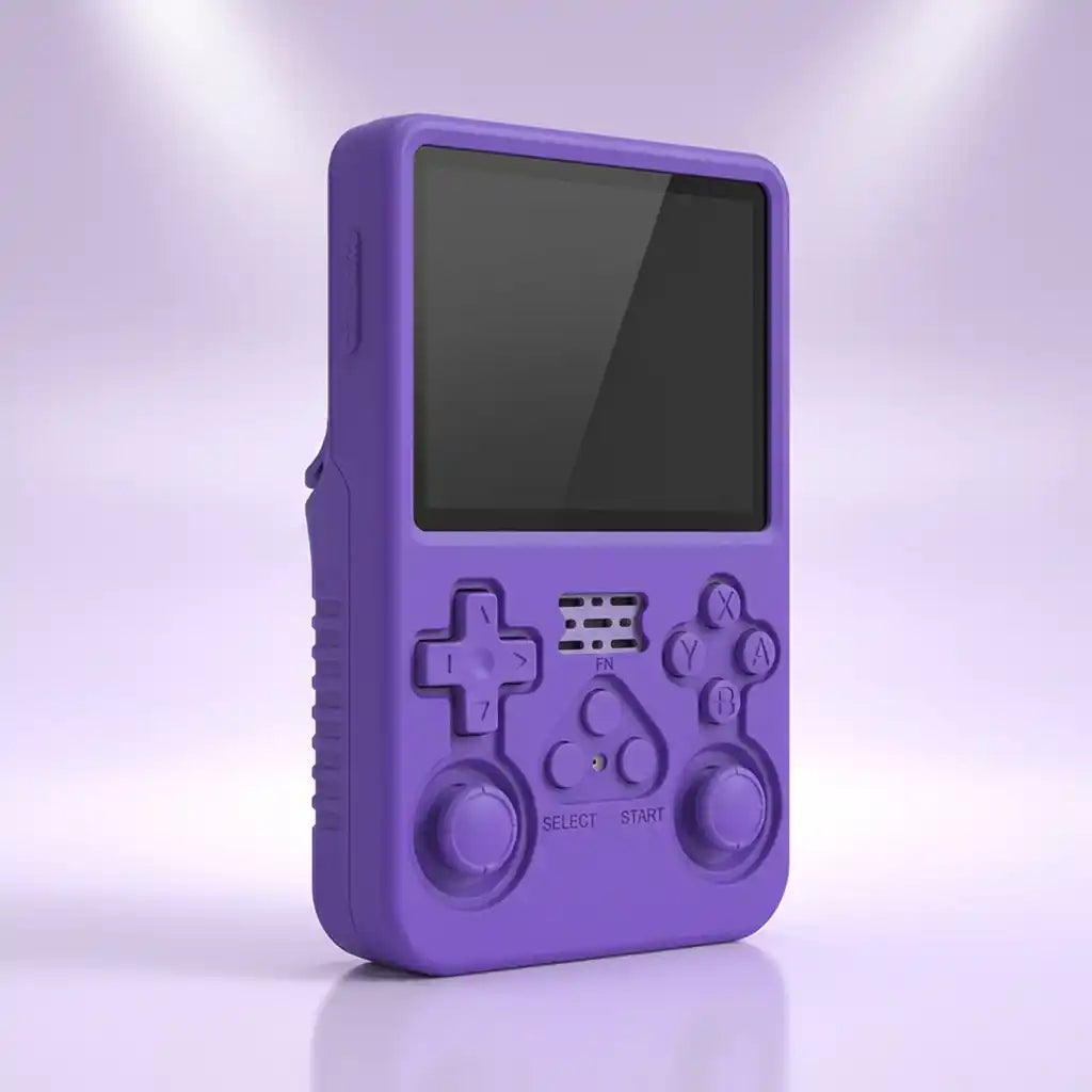 Purple silicone protective shell fitted to the Pocket Retro console, showing the moulded button cutouts and textured side grips
