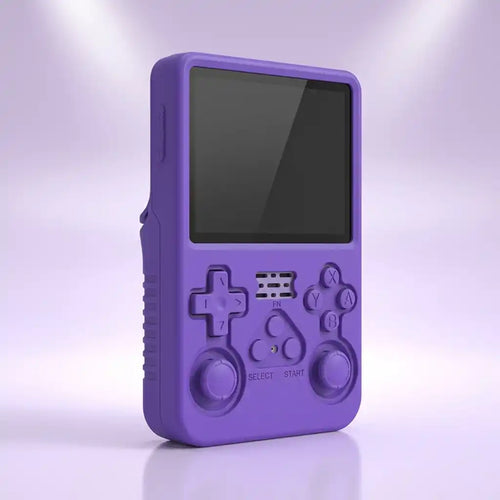 Purple silicone protective shell fitted to the Pocket Retro console, showing the moulded button cutouts and textured side grips