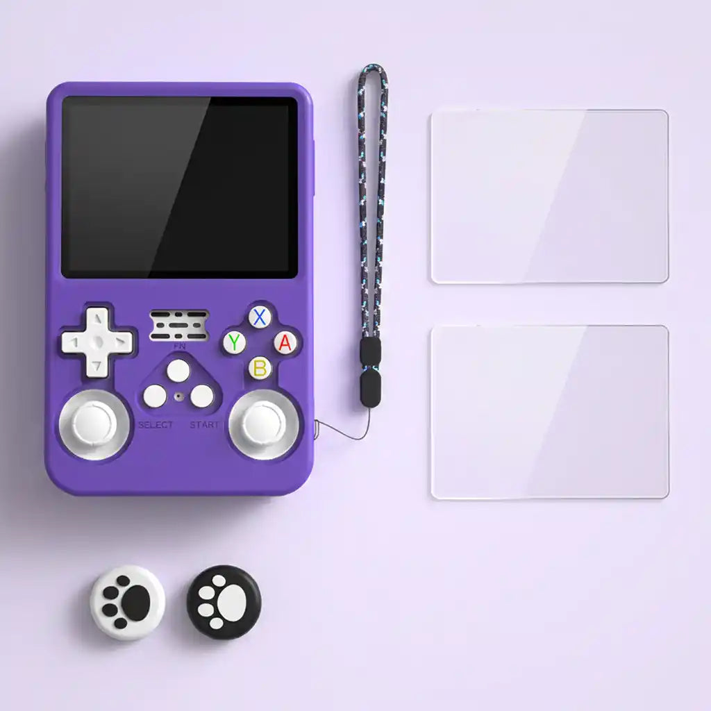 Pocket Retro protection kit contents - purple silicone shell on the console, wrist lanyard, two tempered glass screen protectors and two thumbstick caps