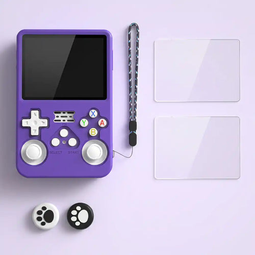 Pocket Retro protection kit contents - purple silicone shell on the console, wrist lanyard, two tempered glass screen protectors and two thumbstick caps