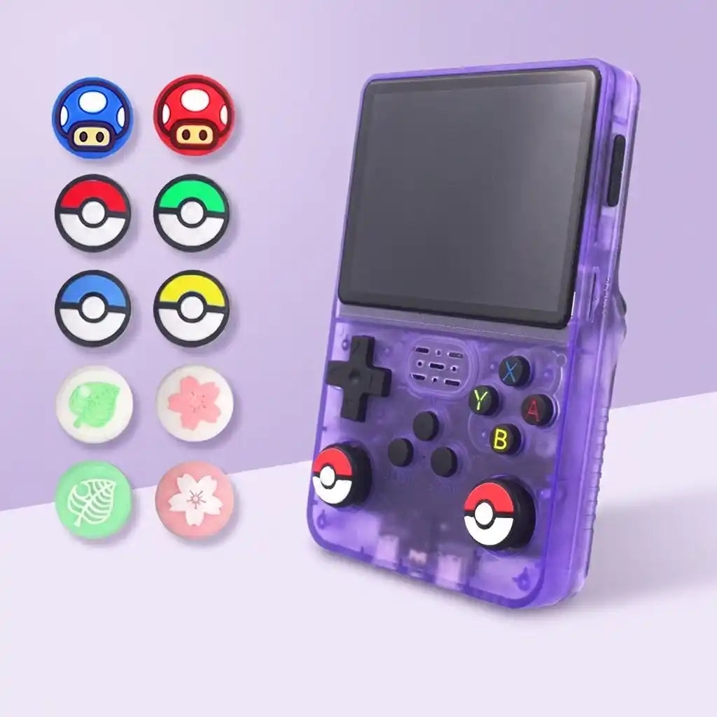 The full set of Pocket Retro silicone thumbstick caps laid out beside the console, with two fitted to the analogue sticks