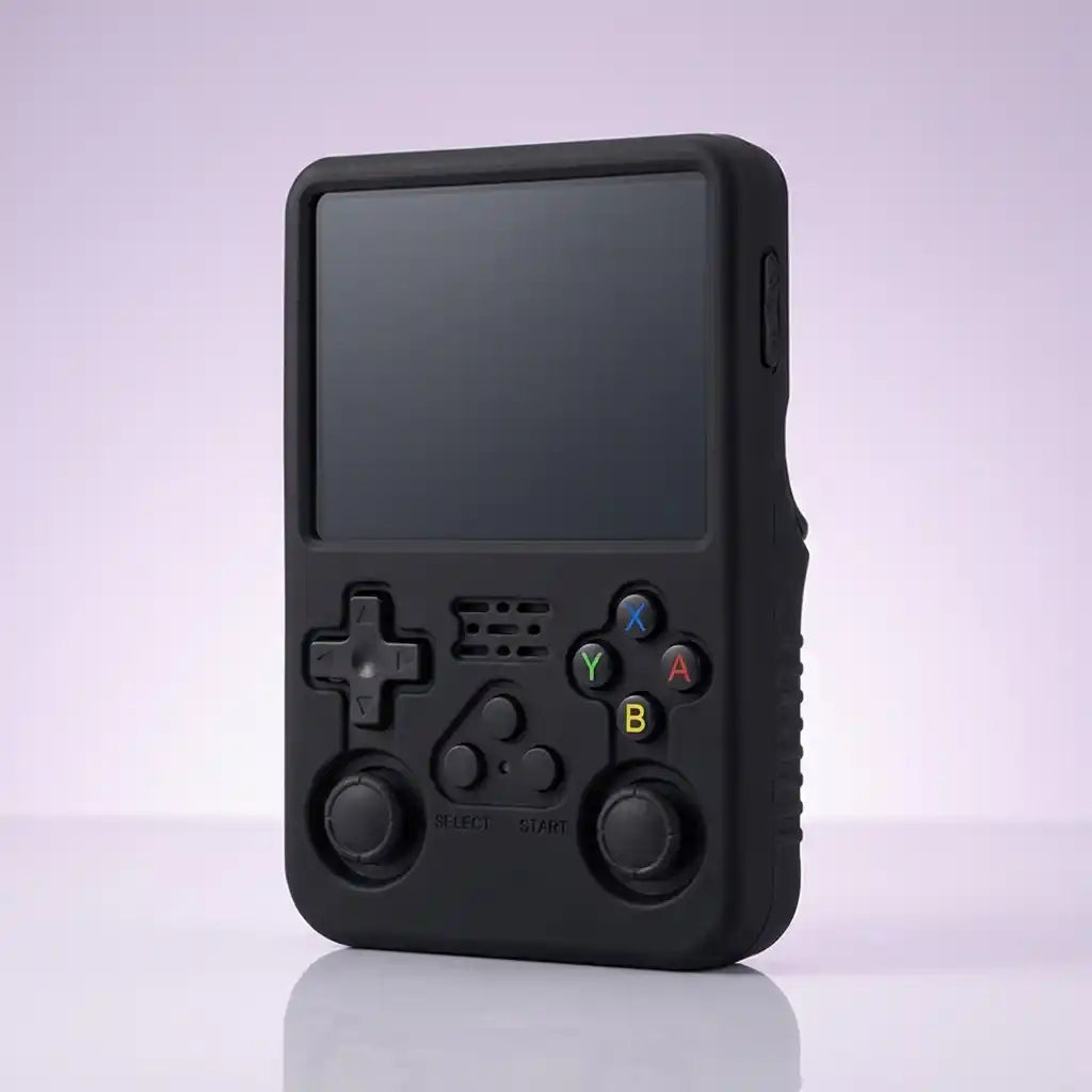 Black silicone protective shell fitted to the Pocket Retro console