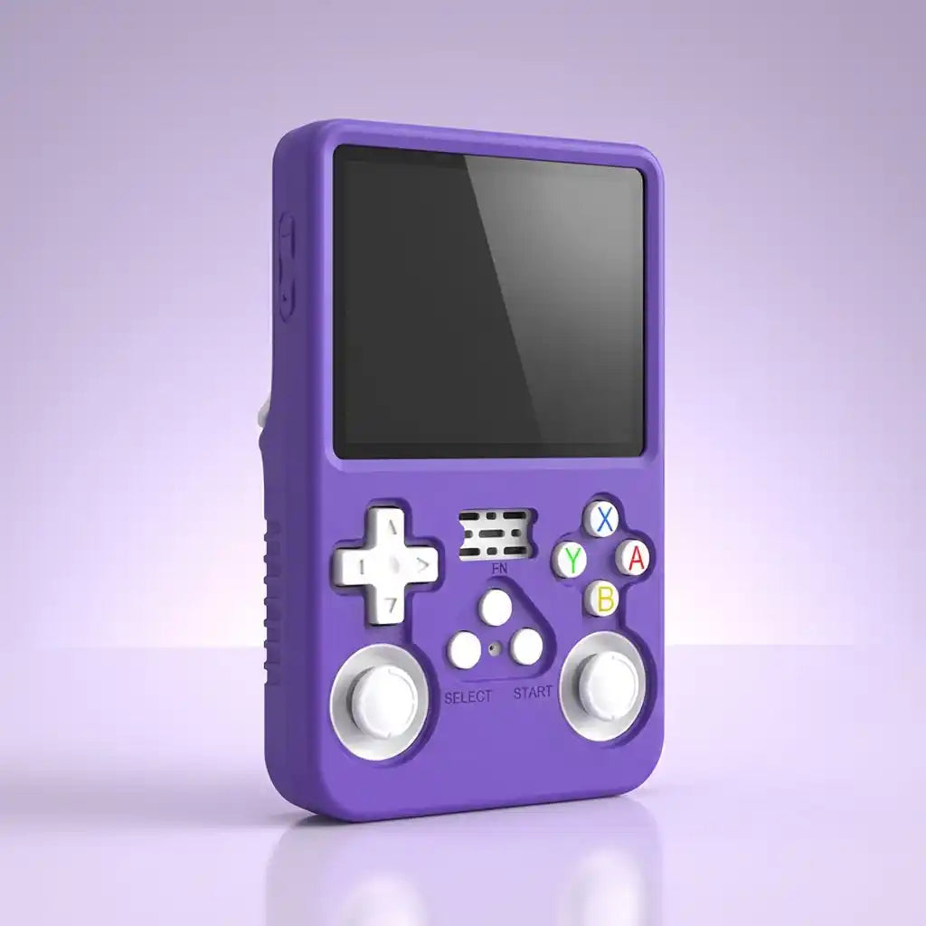 Purple silicone protective shell fitted to the Pocket Retro console