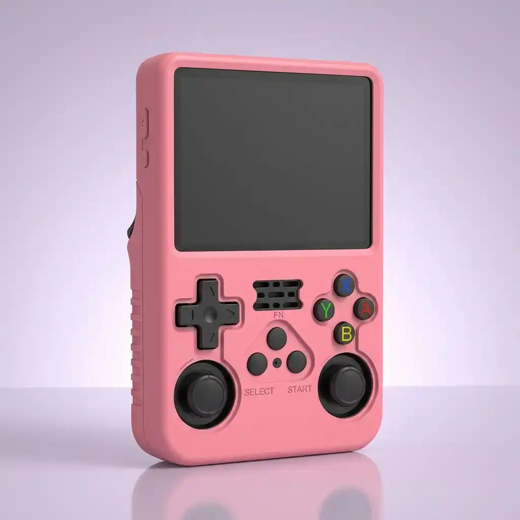 Pink silicone protective shell fitted to the Pocket Retro console