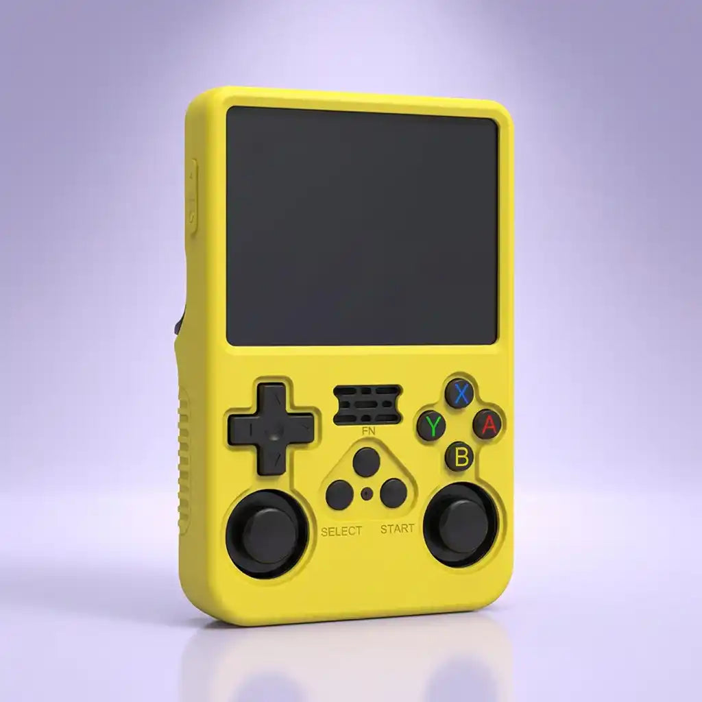Yellow silicone protective shell fitted to the Pocket Retro console