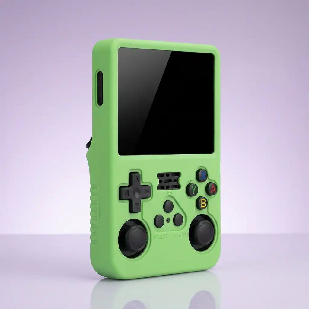 Green silicone protective shell fitted to the Pocket Retro console