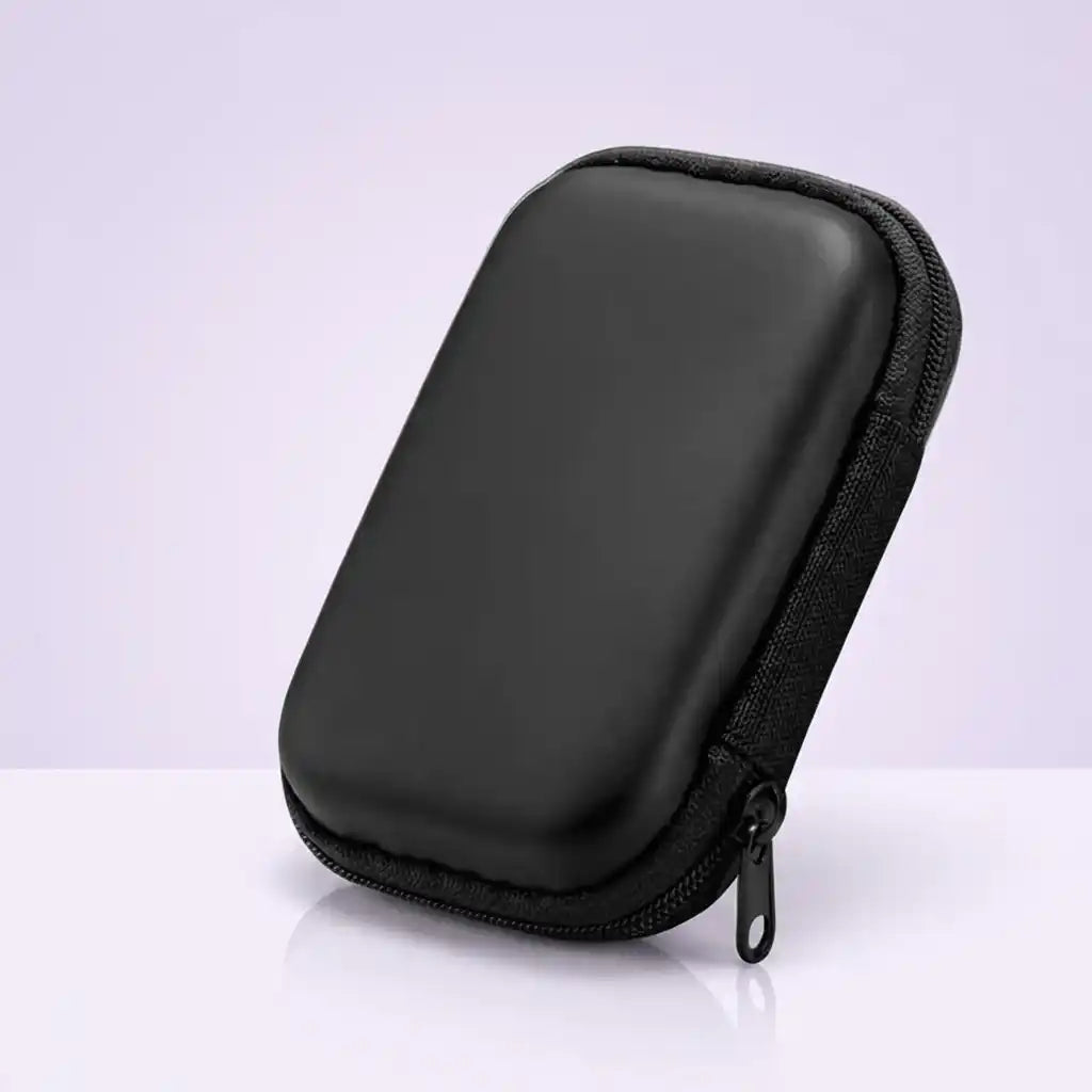 Pocket Retro travel case in black, closed, showing the zip and pull tab