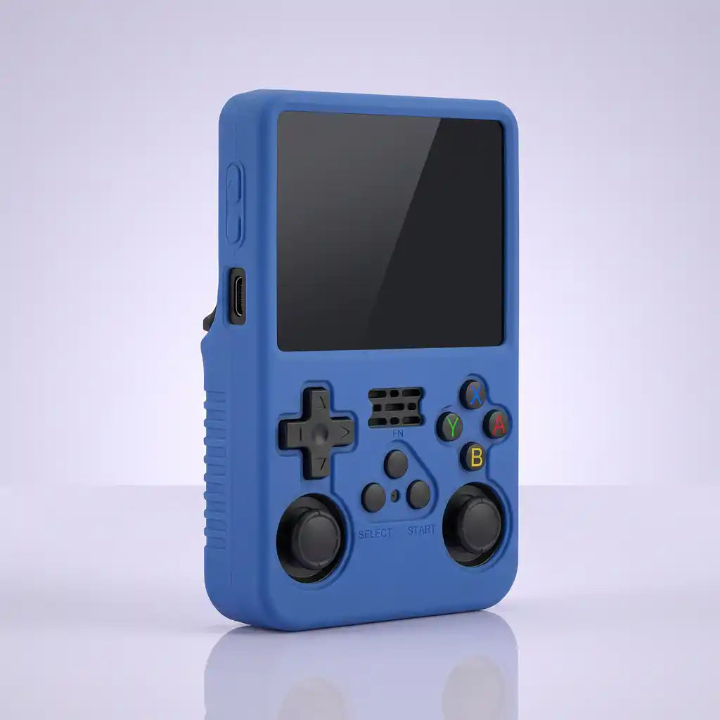 Blue silicone protective shell fitted to the Pocket Retro console